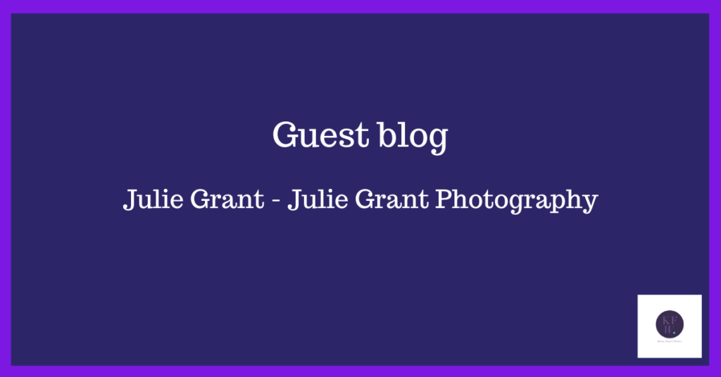 The image shows white text on a purple background. The text reads "Guest blog, Julie Grant - Julie Grant Photography"